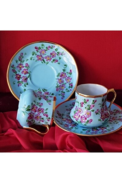 BY.RAYKA PORSELEN El Dekor Flower Garden Hand Painted Set of 2 Coffee Cups