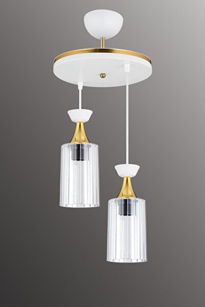 Docklight Sarkıt Tepsi Beyaz 2'li Boru Mika Şeffaf Camlı Sarı Şeritli Modern Aşağı Bakan Avize