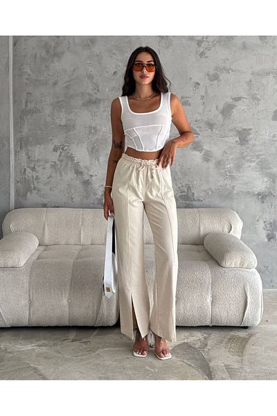Noa Noa Houndstooth Patterned Linen Women's Trousers - Front Slit