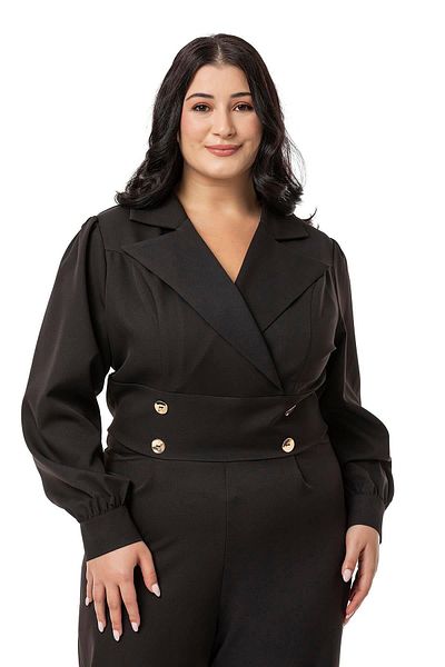 DISENTIS MODEST Plus Size Black Jumpsuit - Double Breasted Collar, Metal Buttons and Zipper
