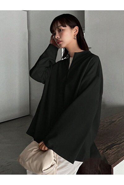 Trendseninle Black Spanish Sleeve Zip Modest Women's Blouse