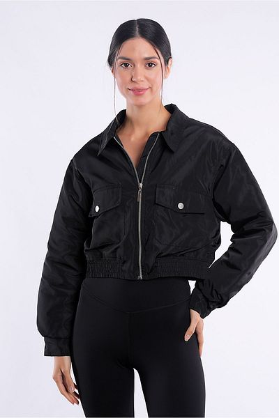 Yake Short Puffer Black Bomber Jacket with Zippered Pockets