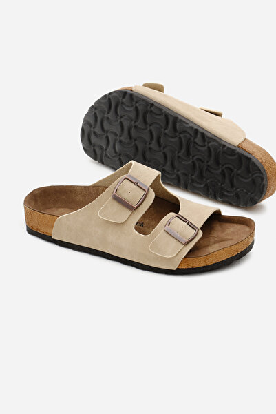 Tonny Black Beige Unisex Slippers - Poly Sole, Double Buckle and Adjustment Detail