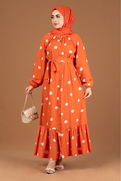 Herita Kleid aus Viskose mit Punktemuster und Gürtel - Orange