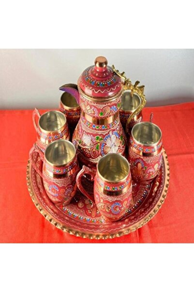 uzunoğlu bakır ürünleri Yuvarlak Tepsili Bakır Ayran Ve İçecek Seti 6 Kişilik