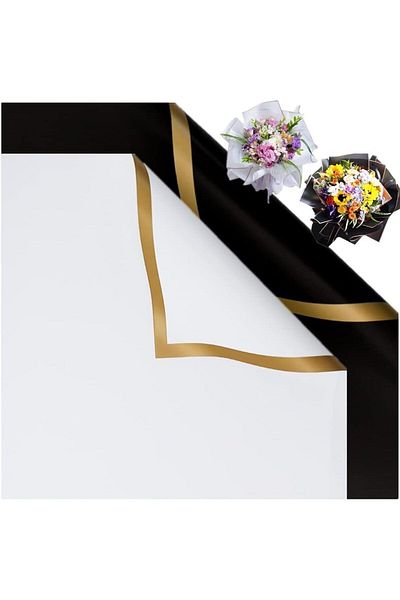 roco paper ورق تغليف الزهور - أبيض وأسود - حواف ذهبية - OPP غير لامع 58x58 سم - 10 قطع