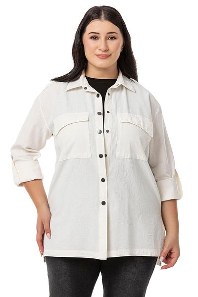 DISENTIS MODEST Πουκάμισο εκρού Plus Size - Επωμίδες στους ώμους, διπλωμένα μανίκια και κουμπώματα