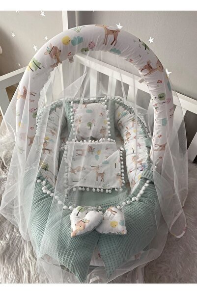 Jaju Baby Babynest Wafle Yeşil Pike Poplin Ponponlu Nest Ve Yorgan Oyuncak Ap...
