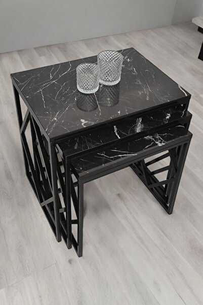 Mobievim Venice Siyah Metal Ayaklı Mermer Desenli Zigon Sehpa