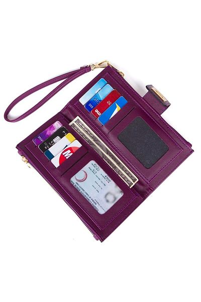 tuldar Women's Purple Soft Texture Hand Strap Locked Phone Paper Money Compartment Card Holder and Wallet