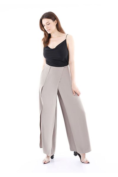 Guzella High Waist and Wide Leg Open Mink Trousers - Skirt Look Slit Detail