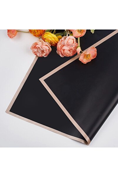 roco paper Çiçek Buket Kağıdı - Çiçek Ambalaj Kağıdı - Siyah - Altın Kenarlı - Mat Opp 58x58 Cm - 5 Adet
