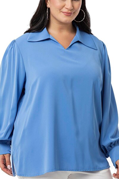 DISENTIS MODEST Indigo Μπλούζα Plus Size - Γιακάς Πουκάμισου, Μανσέτες και Πλαϊνά Σκισίματα