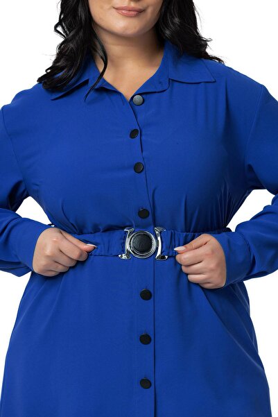 DISENTIS MODEST Saks Blue Double Set - Large Size Belted Shirt and Trousers