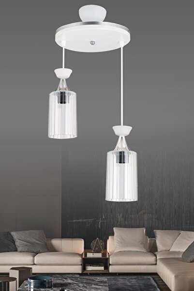 Docklight Sarkıt Tepsi Beyaz 2'li Boru Mika Şeffaf Camlı Krom Şeritli Modern Aşağı Bakan Avize