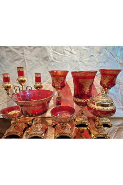 GİTTİGİTTİ 8 Parça Altın Varaklı Kırmızı Salon Takımı