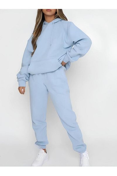 AFROGİYİM Σετ αθλητικής φόρμας Baby Blue Oversize με κουκούλα - Unprinted