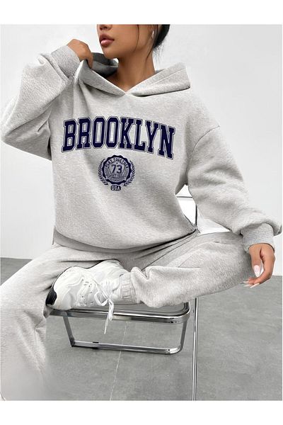 AFROGİYİM Γκρι Oversize Hooded Γυναικεία Φούτερ Σετ - Brooklyn Printed