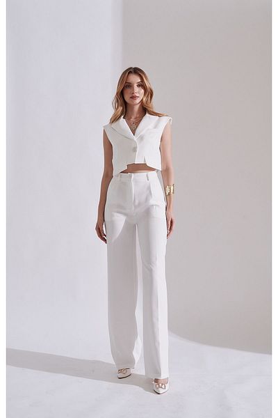 Rabia Çelik White Pocket Detailed Women's Vest and Trousers Set