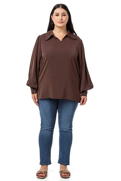 DISENTIS MODEST Brown Plus Size Blouse - Shirt Collar, Cuffs and Side Slits
