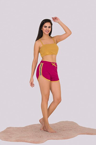 MyBen Kadın Hardal Renkli Dantel Detaylı Büstiyer Askılı Şortlu Kadın Pijama Takımı 361