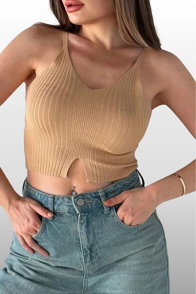 Simala Γυναικείο Crop Top Camel Color με λουράκια και λεπτομέρεια κοπής