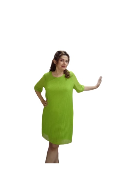 ZY BUTİK Pistachio Green Three Quarter Sleeve - Pleated Plus Size Chiffon Dress