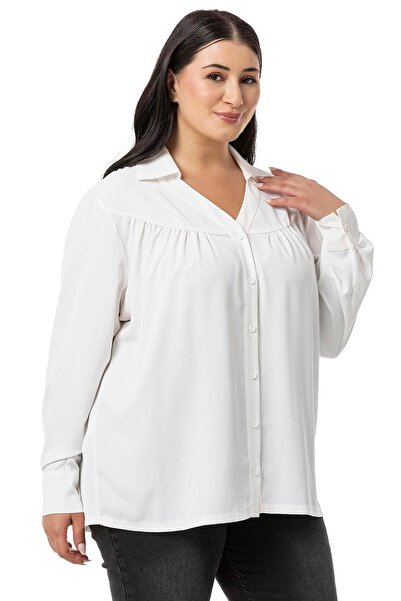 DISENTIS MODEST Cămașă Albă - Marime Plus, Guler și Robă, Mânecă Lungă