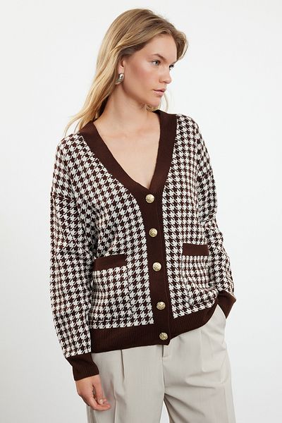 Trendyol Collection Широка трикотажна жилетка с форма на хрътка зъби - кафява, TWOAW22HI0179