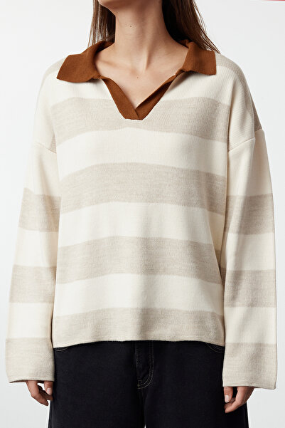 Trendyol Collection Pruhovaný pletený svetr Wide Fit - Stone Twoaw23Kz00008
