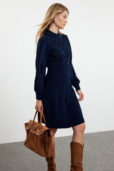 Trendyol Collection Sötétkék mini kötöttáru csipke ruha TWOAW22EL0011