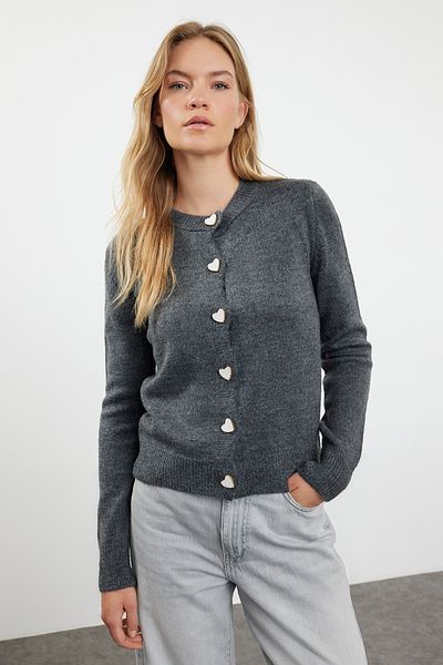 Trendyol Collection Kardigan z jemného antracitového úpletu se zapínáním na šperky, vzhled bundy Twoaw22Hi0044
