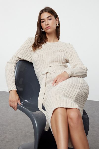 Trendyol Collection Μπεζ Μίνι Πλεκτό Ζώνη Φόρεμα TWOAW23EL00444