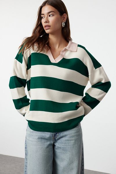 Trendyol Collection Széles szabású khaki csíkos kötöttáru pulóver - TWOAW23KZ00008
