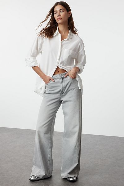Trendyol Collection Ecru Stone Detailed Oversize Shirt - Striped on the Collar, Woven TWOAW25GO00026