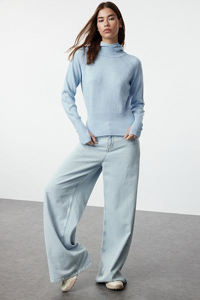 Trendyol Collection Pulover de tricotaj albastru cu degete - textura moale, glugă TWOAW25KZ00084