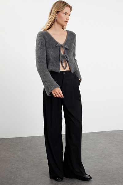 Trendyol Collection Anthracite Knitwear Crop Cardigan - With Feather and Tie Detail TWOAW25HI00111