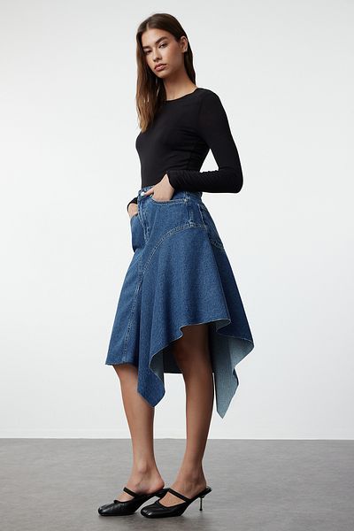 Trendyol Collection AsYmmETrical magas derekú kék midi farmer szoknya - varrás RÉSZLET, TWOAW25ET00012