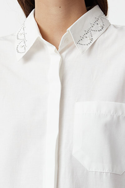 Trendyol Collection Ecru Stone Detailed Oversize Shirt - Striped on the Collar, Woven TWOAW25GO00026