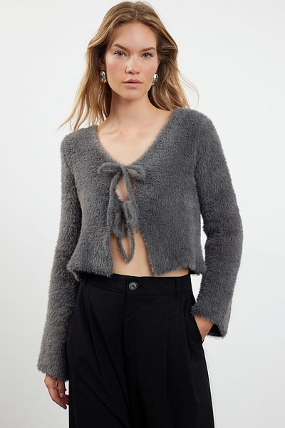 Trendyol Collection Anthracite Knitwear Crop Cardigan - With Feather and Tie Detail TWOAW25HI00111