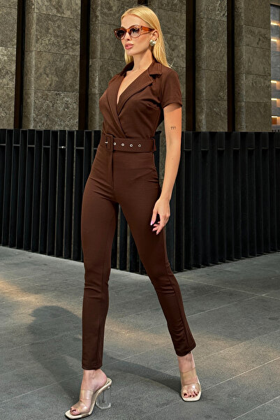 Trend Alaçatı Stili Brown Double Breasted Collar Covered Jumpsuit - With Belt, ALC-X12298