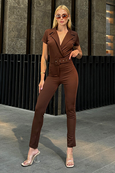 Trend Alaçatı Stili Brown Double Breasted Collar Covered Jumpsuit - With Belt, ALC-X12298