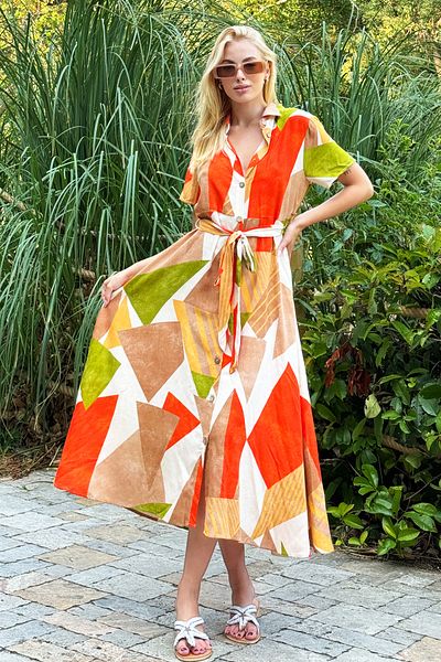 Trend Alaçatı Stili Orange Patterned Women's Woven Dress - Shirt Collar, Front Button ALC-X12474