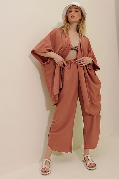 Trend Alaçatı Stili Dusty Rose Damen Hose und Jacke Doppelset - Schlitzbein, Strukturschnitt ALC-752-001