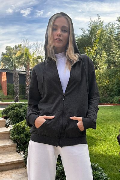 Trend Alaçatı Stili Dark Anthracite Hooded Oversize Sweatshirt - Double Pocket, Zippered ALC-667-001