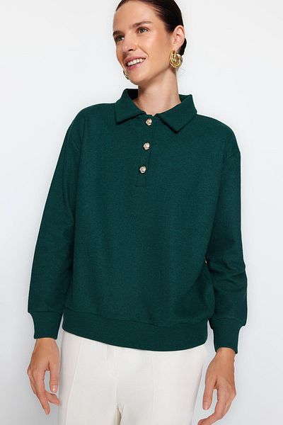Trendyol Collection Σκούρο Σμαραγδένιο Πράσινο Θεσσαλονίκη/Πλεκτό λουκ Πλεκτό φούτερ με κανονική εφαρμογή TWOAW24SW00143