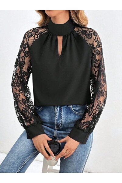 Moka Shopin Sandy Blouse - Γυναικεία μπλούζα με μακριά μανίκια, λεπτομέρεια παραθύρου στο στήθος, τούλι λαιμόκοψη