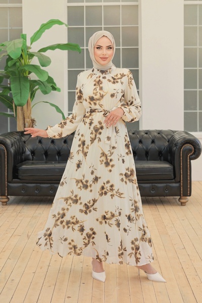 InStyle Batik Çiçekli Kahverengi Şifon Elbise