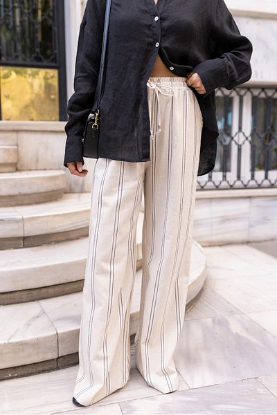 Askı Nişantaşı Stone Wide Leg Elastic Waist Striped Linen Trousers