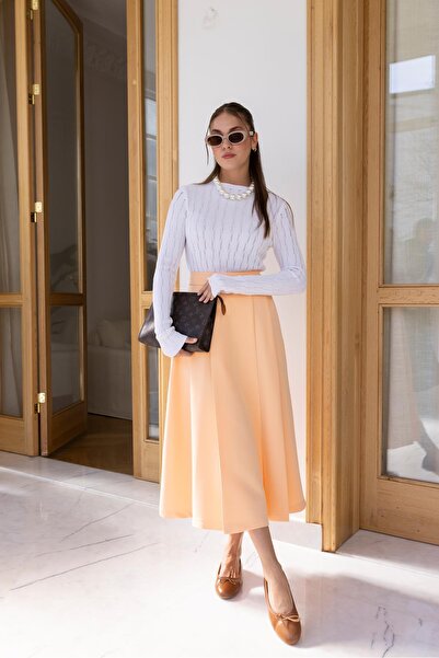 Askı Nişantaşı Flared Midi Skirt - Salmon Pleat Detail